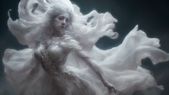 breathtaking shot of an artistic spectral ghost lady floating, spectral shred white dress, epic detailed view, intricate realistic details