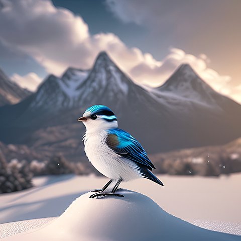 a beautiful cute little bird in the snow  amazing landscape with mountains  clouds  award winning shot