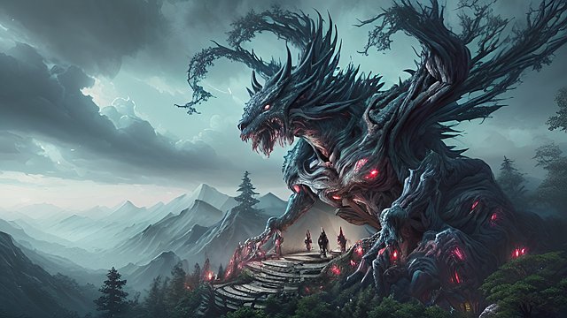 the most breathtaking toon painting of anime monsters in forest mountain  intricate realistic details  dark shades  amazing anime clouds
