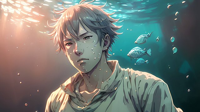 anime boy underwater, portrait, anime
