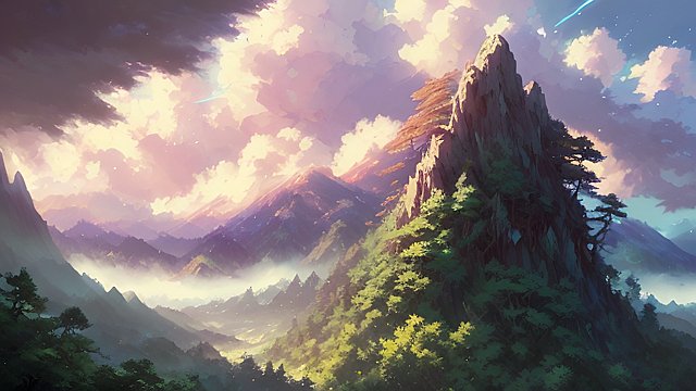 anime painting of an anime mountain forest  wind  breathtaking clouds