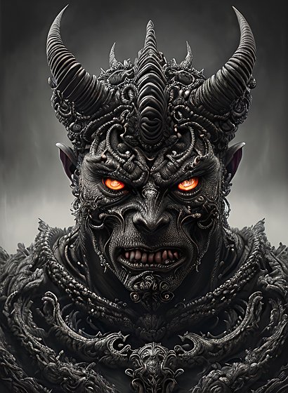 portrait painting of the serious face of a demon god  intricate details  award winning  dark fog