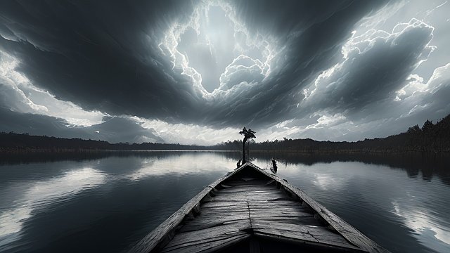 award winning photo of a dark lake  intricate realistic details  amazing clouds