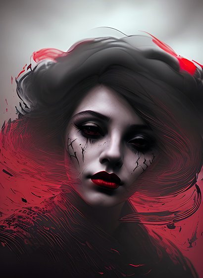 portrait of a woman in a dark cloud  black ink  red lips  intricate details