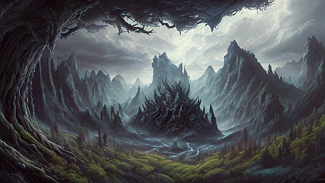 the most breathtaking painting of an anime monster in forest mountains  intricate realistic details  dark shades  amazing clouds
