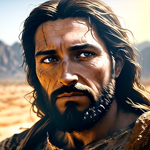 close movie shot portrait of jesus christ in the desert, ultra realistic, realistic, hyperdetailed, really photorealistic close photo